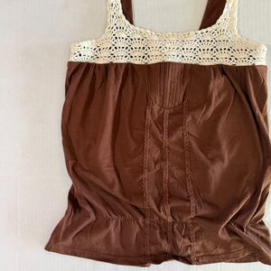 VTG Y2K Decree, Brown Crochet Pintucked Bubble Tank, S, Boho Fairy Grunge